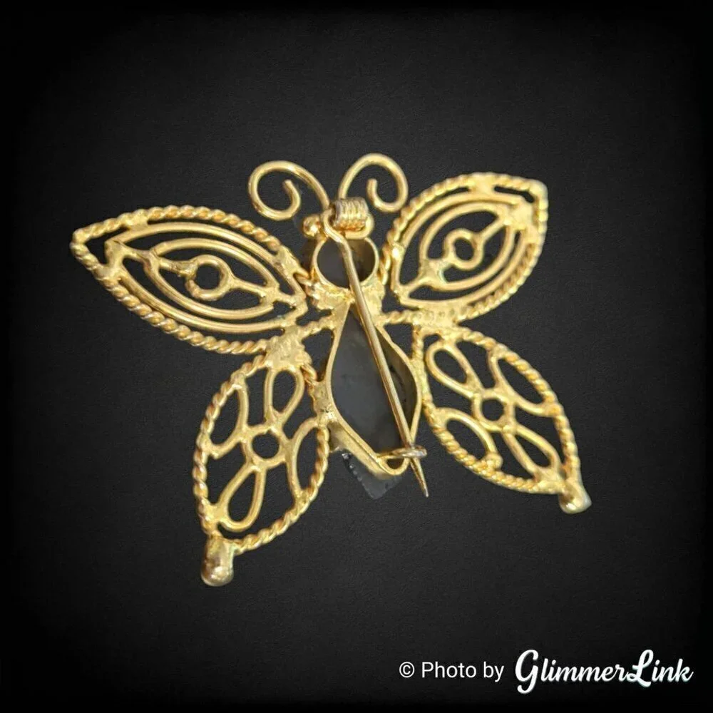 Vintage Butterfly Filigree Black Rhinestones Gold Tone Brooch Pin